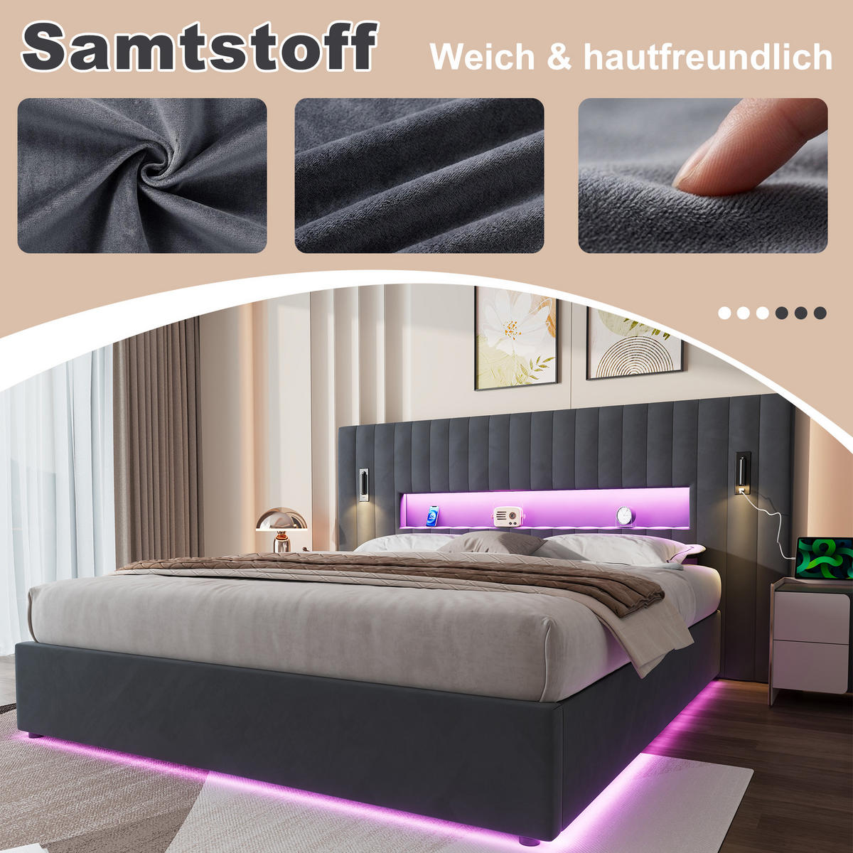 ČALÚNENÁ posteľ 180/200 cm tmavosivá zo zamatu s hydraulickým úložným priestorom a LED čítacím svetlom - tmavosivá, textil (180/200cm) - Modfu