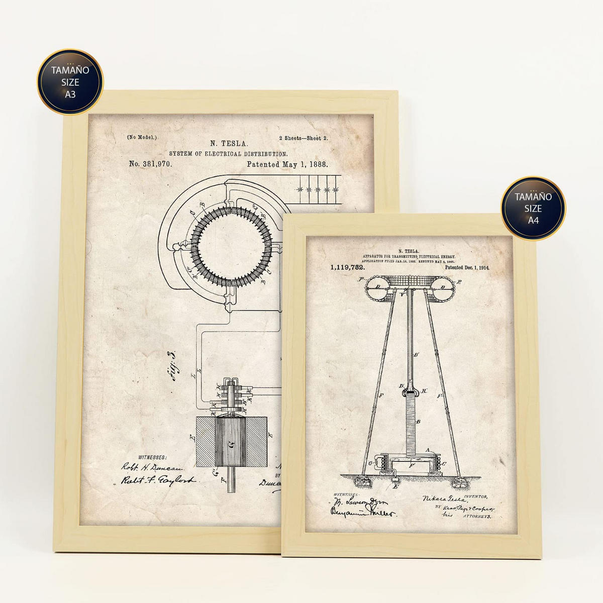 POSTER Set Mit 6 Plakaten Mit Strom 2 Patenten Im Vintage Stil A3 & A4 Rahmen Aus Hellem Holz - Beige, Papier (29/3cm) - Nacnic