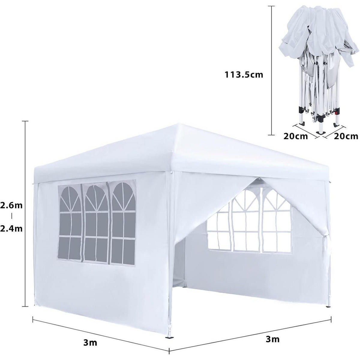 FALTPAVILLON 3 x 3 m mit 4 Seitenteilen und Fenstern Weiß - Weiß, Textil (300/260/300cm)