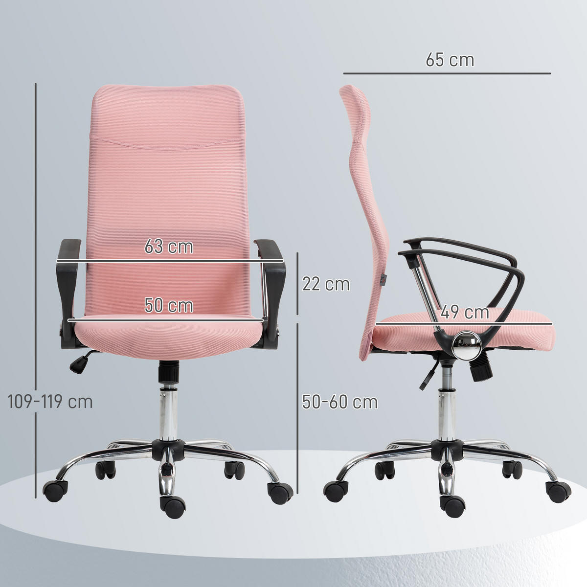 BÜROSTUHL Netz Stahl Rosa - Chromfarben/Schwarz, Kunststoff/Textil (65/119/63cm) - HOMCOM