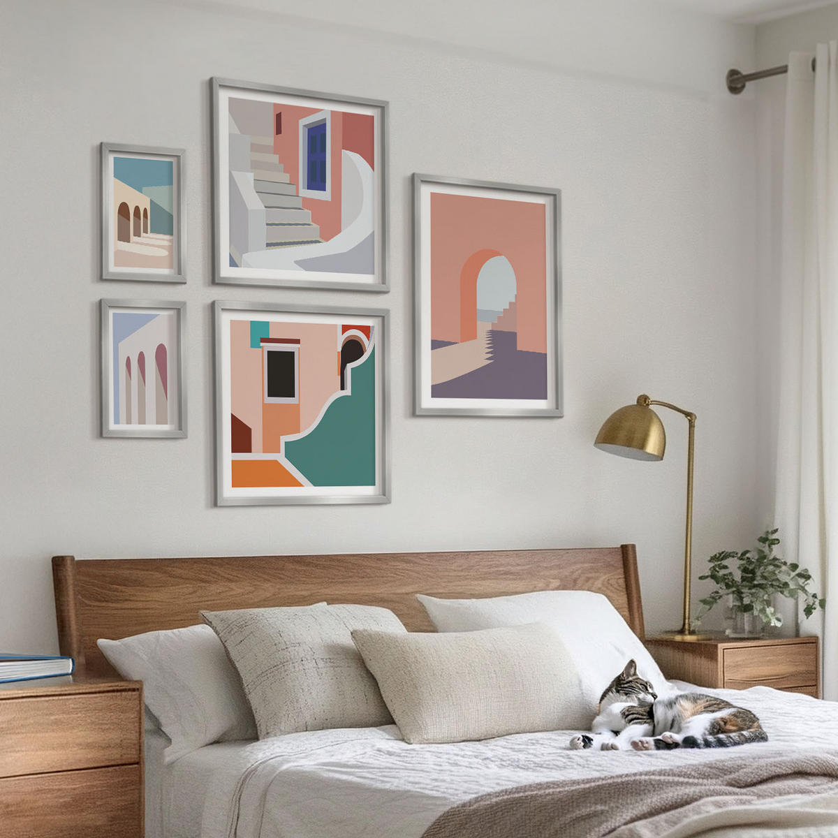WANDBILDER 5er Set - 50x50 cm & 20x30 cm & 40x60 cm Silberner Rahmen - Minimalistische Pastellgrafiken - Silberfarben, Kunststoff (40/60cm) - ArtPrintCave