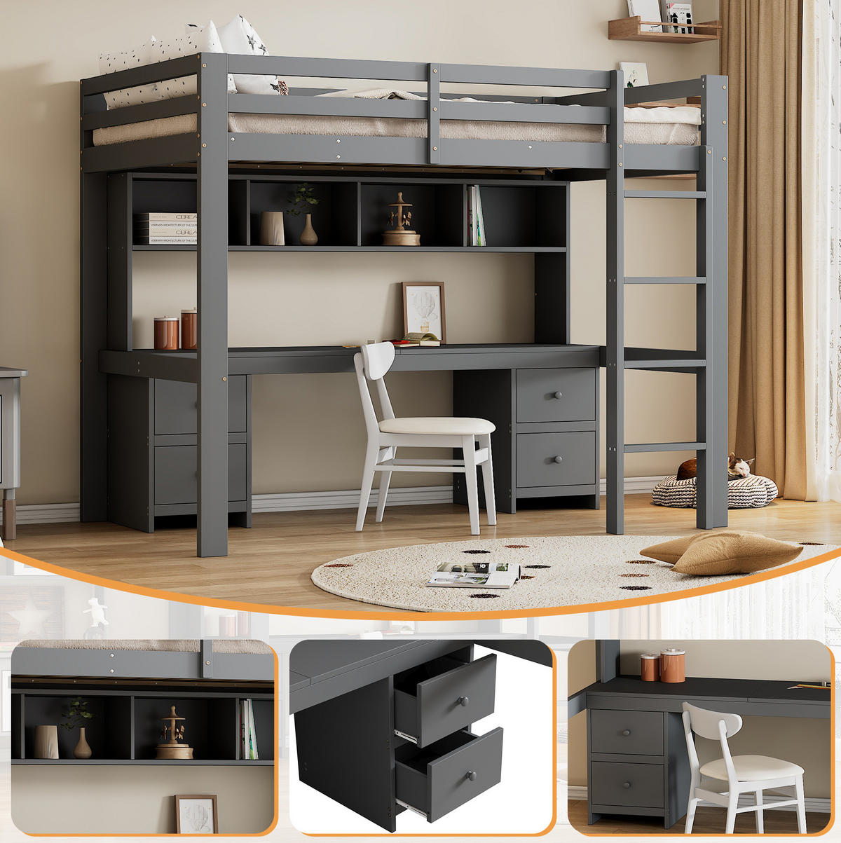 HOCHBETT 90/200 cm Grau aus Kiefernholz und MDF mit Schreibtisch und Stauraum - Grau, Holz (90/200cm) - OKMYHOME