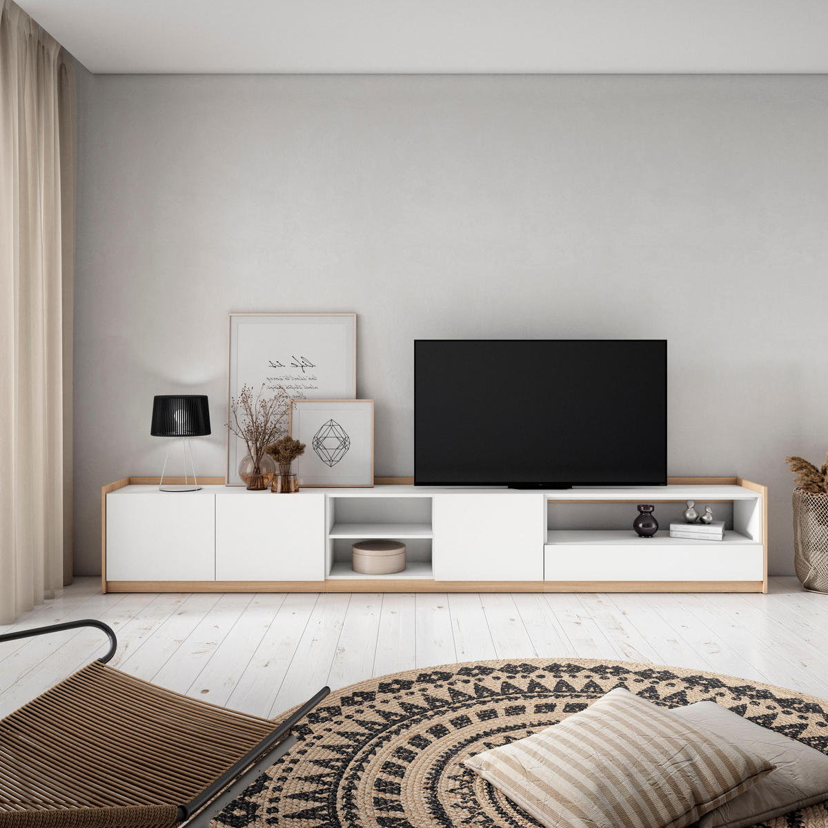 TV-SCHRANK, Lowboard, Weiß und Eiche Soft, 310/37/50cm - Weiß, Holzwerkstoff (310/50/37cm) - Skraut Home