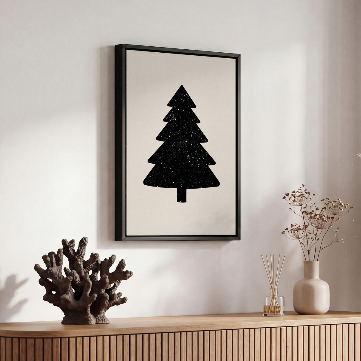 LEINWAND Bilder mit Rahmen - Weihnachtsbaum - Schwarz - Urlaub - Beige - 20x30 - Schwarz, Textil (20/30cm) - MuchoWow