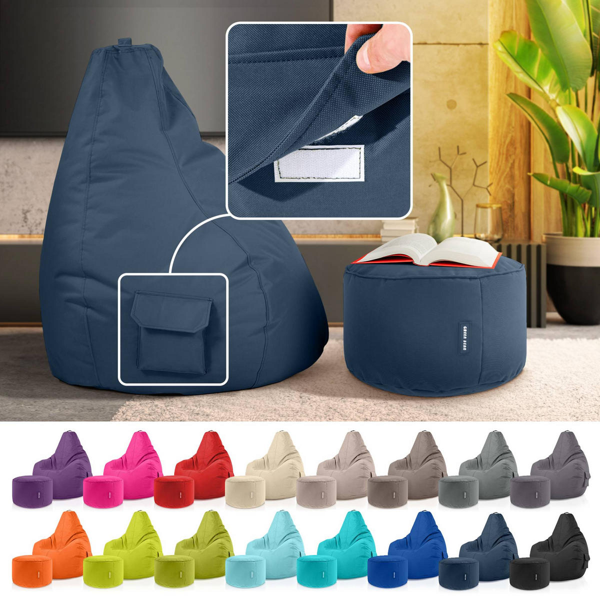 SITZSACK + Hocker "Cozy+Stay" 2er Set - Dunkelblau, Textil (70/90/80cm) - Green Bean