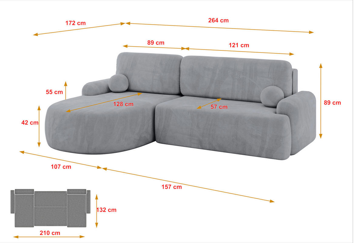 ECKSOFA mit Schlaffunktion und Bettkasten LIRA-L - 264x172x89 Grau - Grau, Holzwerkstoff/Textil (264/172cm) - ALTDECOR