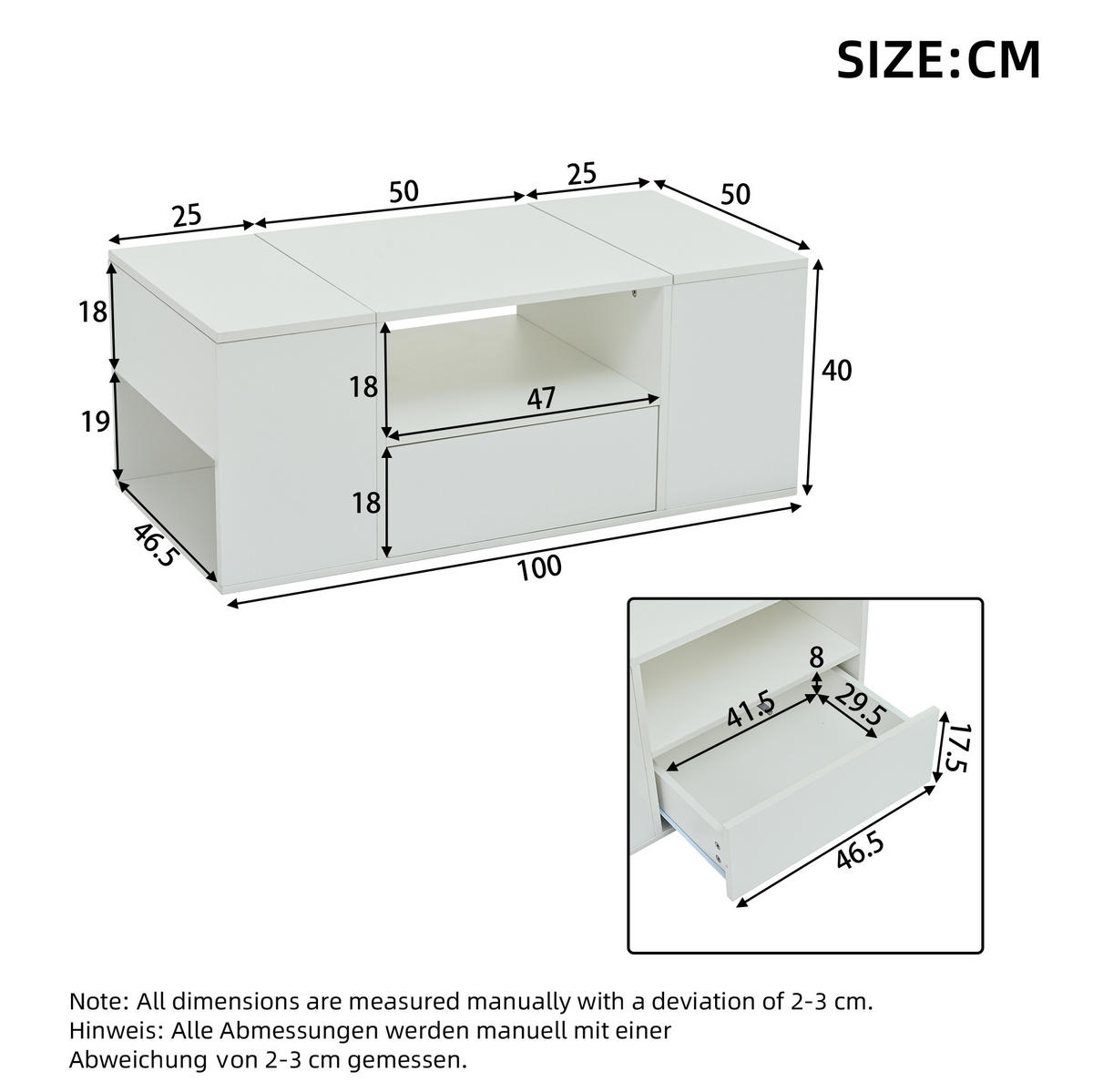 COUCHTISCH 100/50/40 cm mit LED-Beleuchtung, 1 Schublade und 6 Ablagebereichen, Hochglanz, Weiß - Weiß, Holzwerkstoff (100/50/40cm) - Modfu