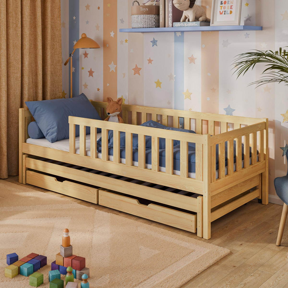 KINDERBETT mit Ausziehbett und zwei Schubladen 80x160 in natur - Naturfarben, Holz - Kids Collective