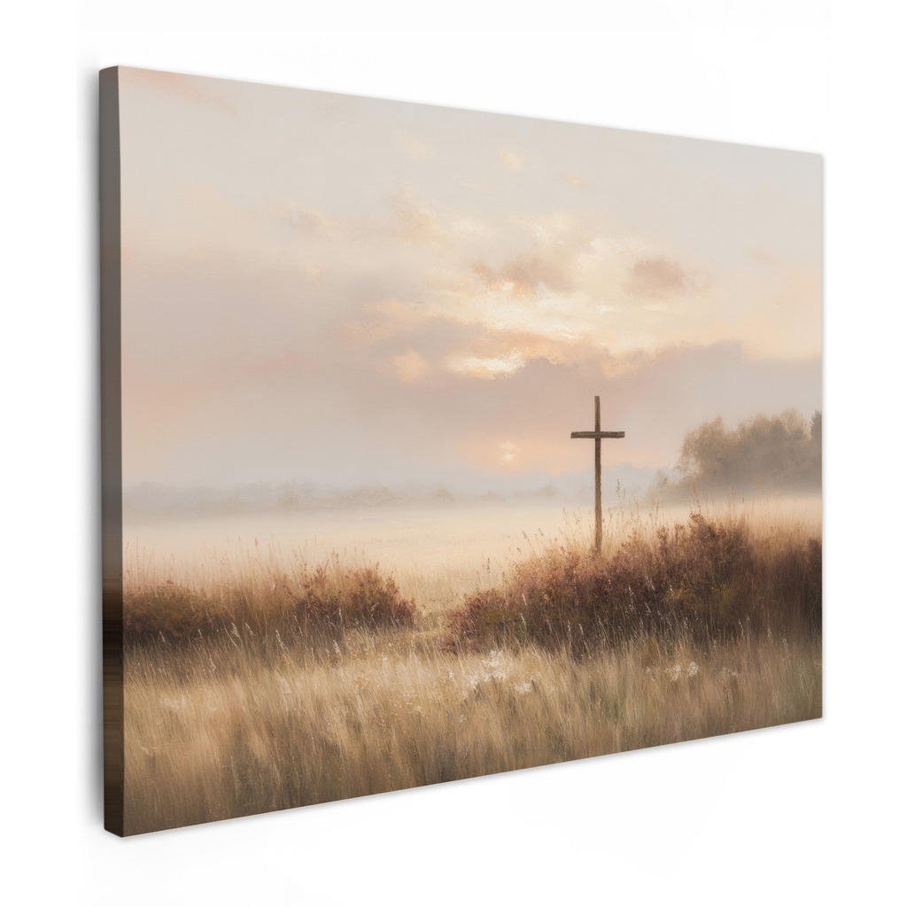 MuchoWow OBRAZ NA PLÁTNĚ Tráva - Ranní mlha - Kříž - Křesťanství 80x60 cm