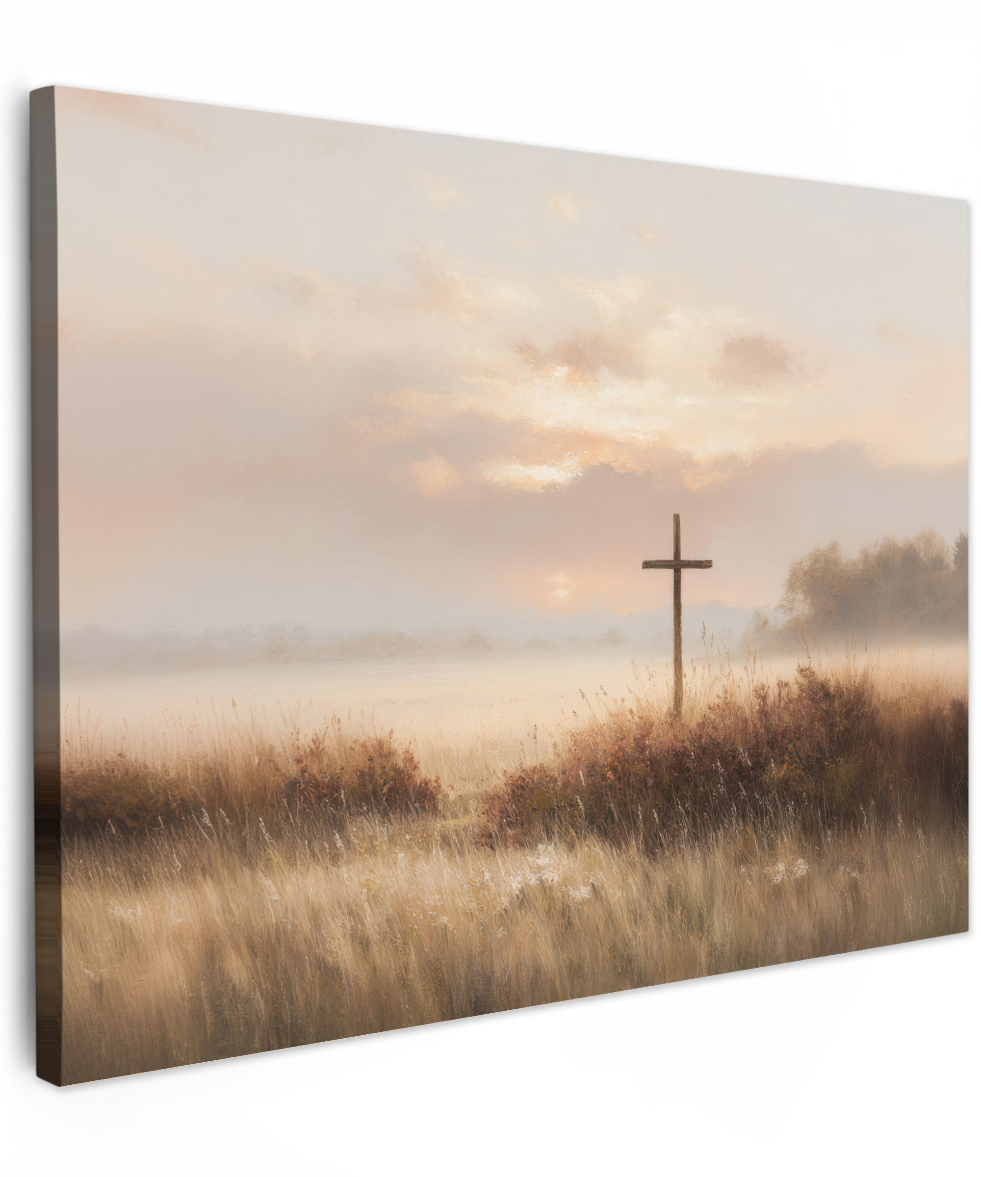 LEINWANDBILD Gras - Morgennebel - Kreuz - Christentum Wandbilder 80x60 cm - Beige, Textil (80/60cm) - MuchoWow