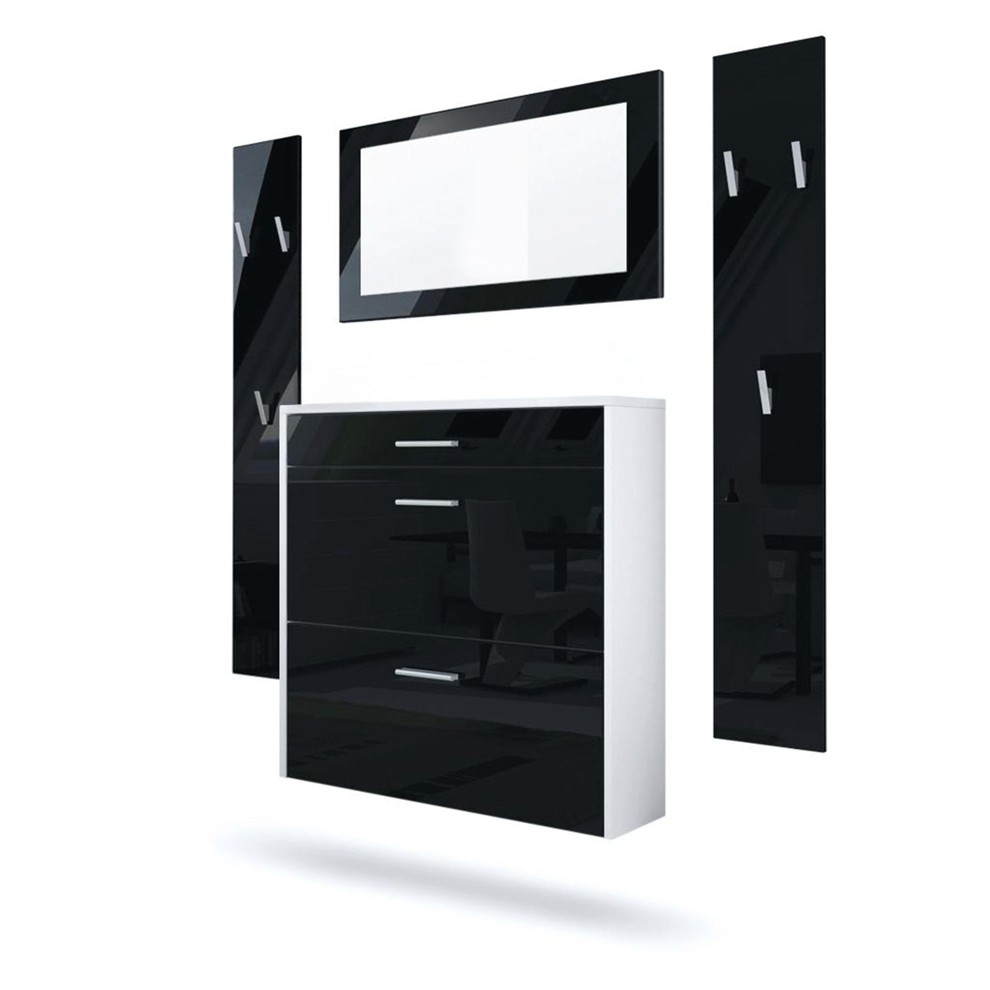 GARDEROBEN-SET Roma Air 4-teilig, Moderne Flurgarderoben Set mit Schuschrank, 2 Wandpaneele und Wandspiegel, Weiß matt/Schwarz Hochglanz - Schwarz Hochglanz, Holzwerkstoff (190/200/23cm) - InnoFurn