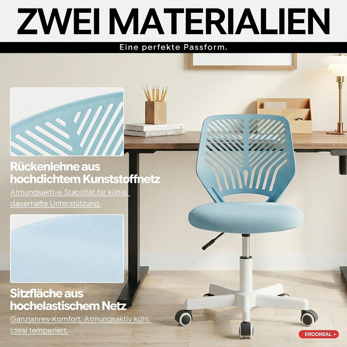 DREHSTUHL Hellblau mit Rollen und Höhenverstellung - Blau, Kunststoff (47/87/44cm) - Oxeza