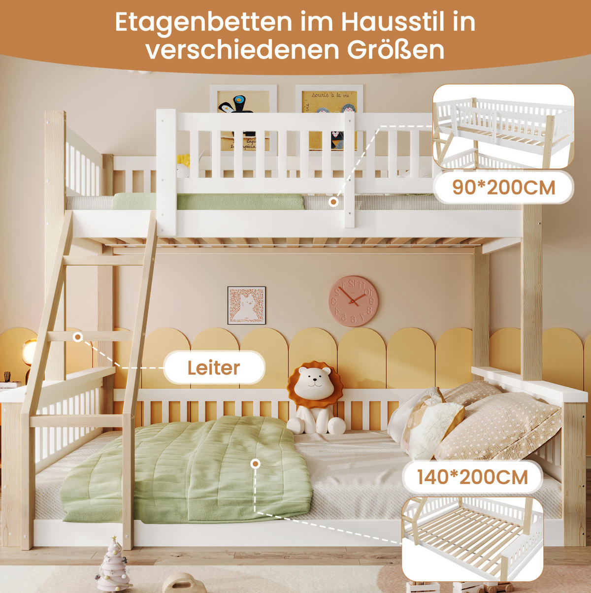 ETAGENBETT 90/200 cm + 140/200 cm mit Leiter, Bettgitter und Massivholzrahmen, Weiß/Natur - Weiß, Holz (90/200cm) - Redom