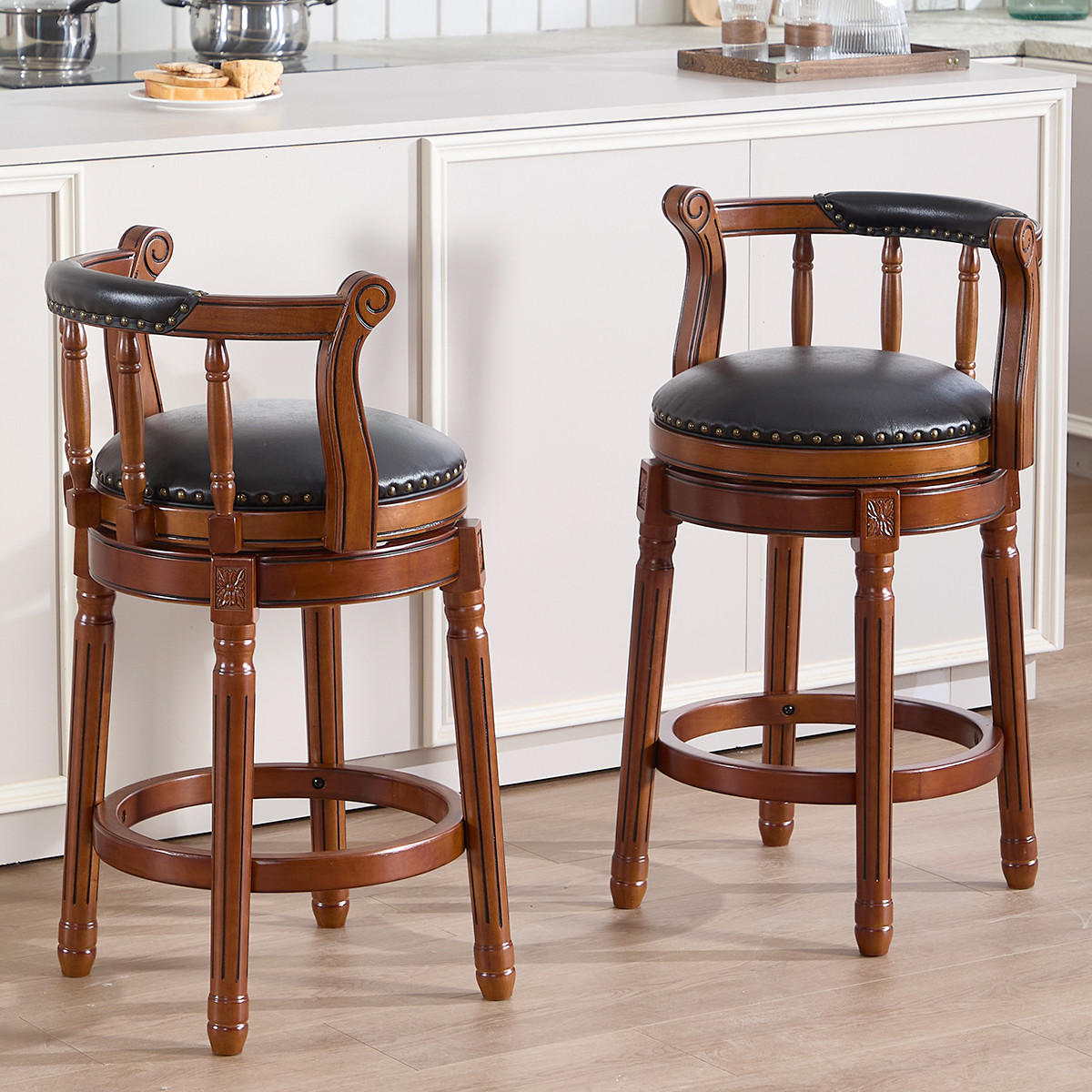 BARHOCKER 1er-Set Schwarz mit Echtleder und Rückenlehne - Schwarz, Holz (54.8/96/54.8cm) - PANGIVO
