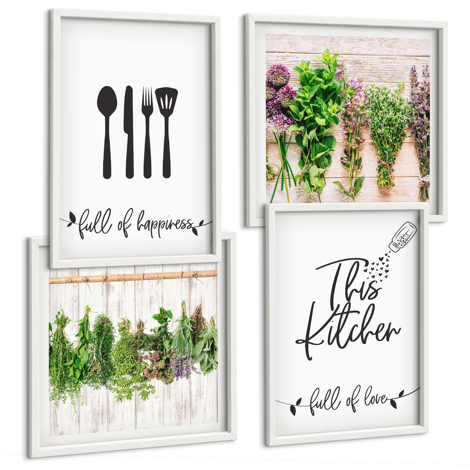 BILDER SET 4er Set - 50x50 cm & 40x60 cm Weißer Rahmen - Küchenkräuterpflanzen Beschriftungen - Weiß, Kunststoff (50/50cm) - TULUP