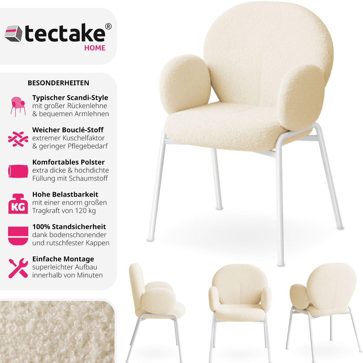 STUHL 1er Set Scandi Belastbarkeit 120 kg 61 5 x 62 x 90 - Creme, Kunststoff (62/90/61.5cm) - tectake