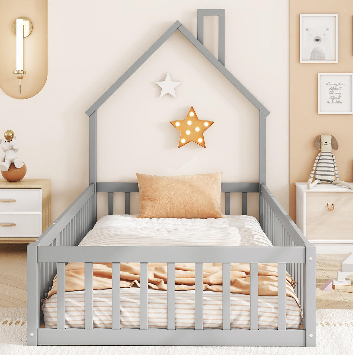 POSTELJA v obliki hiše 90/200 cm siva iz bora in MDF z letvenim dnom in varnostno ograjo - siva, leseni material (90/200cm) - OKWISH