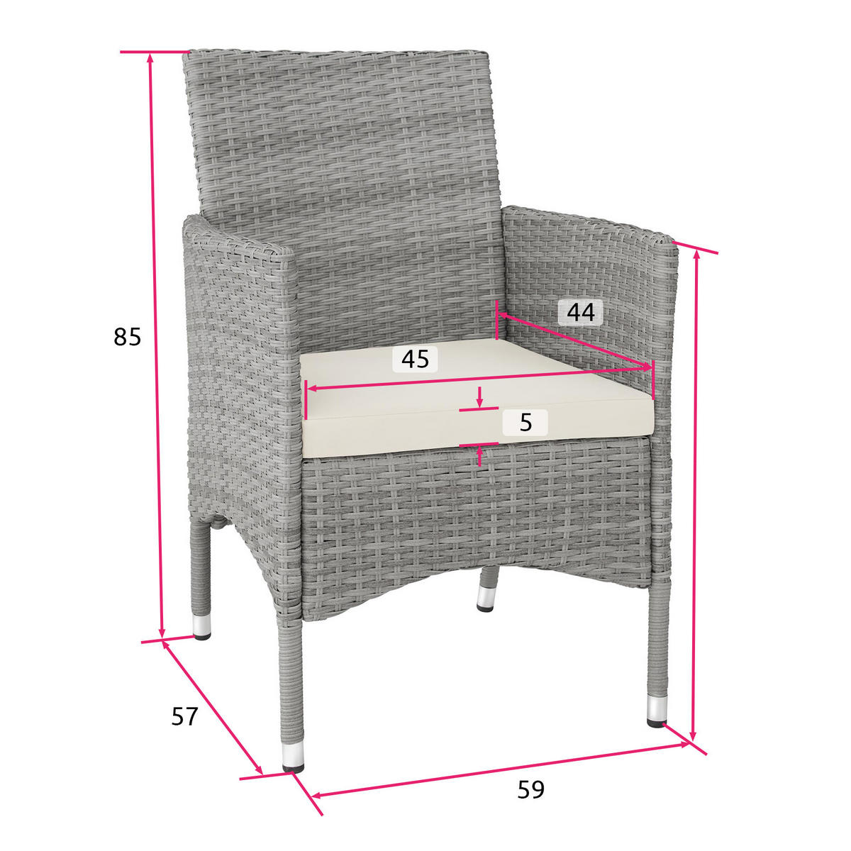 RATTANSTUHL 2er Set Nantes,59 x 57 x 85 cm,hellgrau/creme - Hellgrau/Creme, Kunststoff (57/85/59cm) - tectake