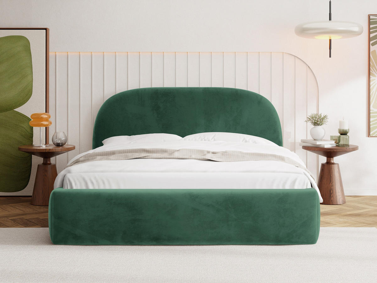 POLSTERBETT Puro mit Bettkasten, Dunkelgrün Samt 140 x 200 cm – mit Metall-Lattenrost - Dunkelgrün/Birkefarben, Kunststoff/Textil (140/200cm) - WFL GROUP