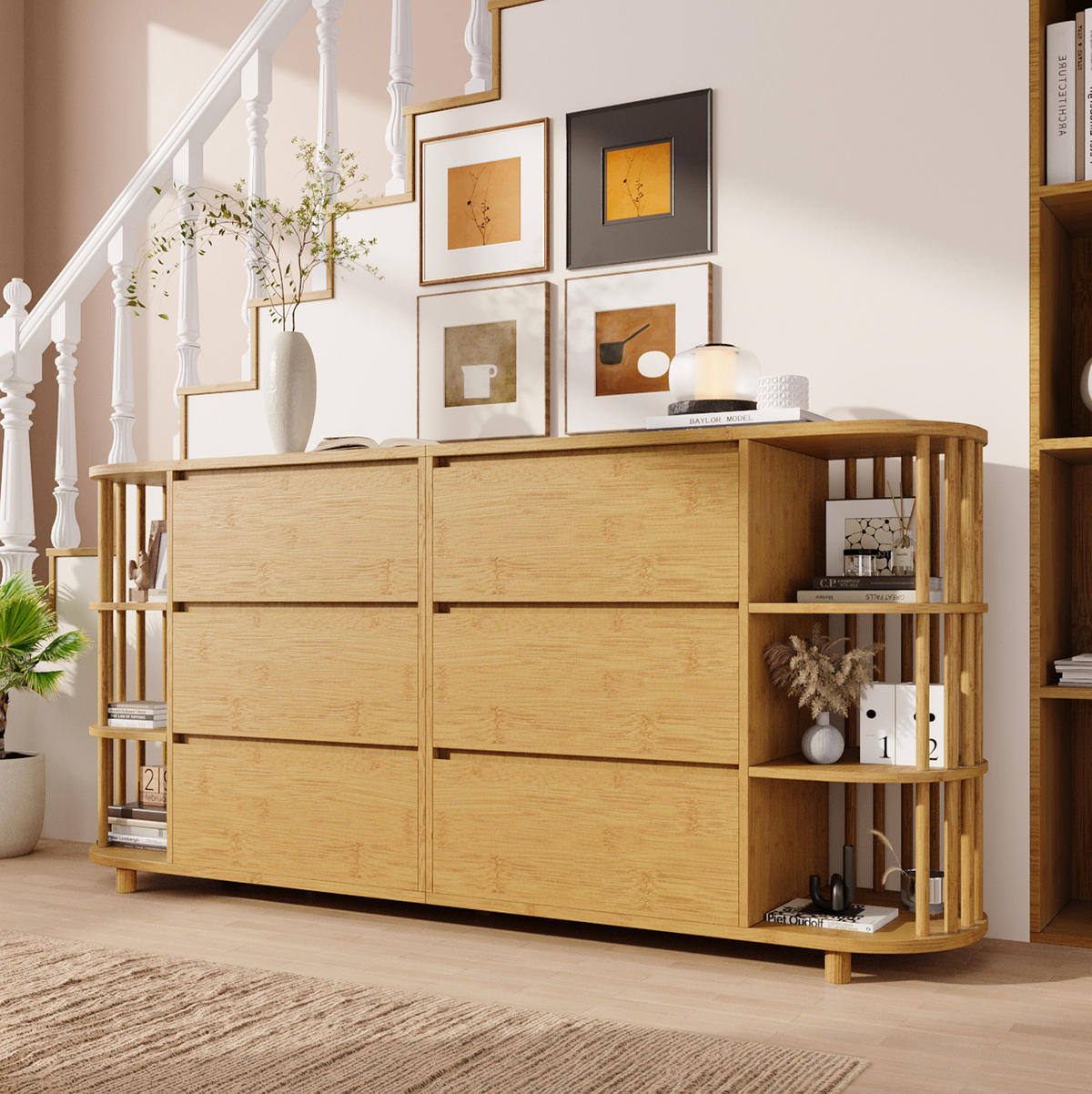SIDEBOARD 160/40/75 cm in Eiche mit 6 Schubladen und Bambusregalen - Naturfarben, Holzwerkstoff (160/75/40cm) - Flora Grace