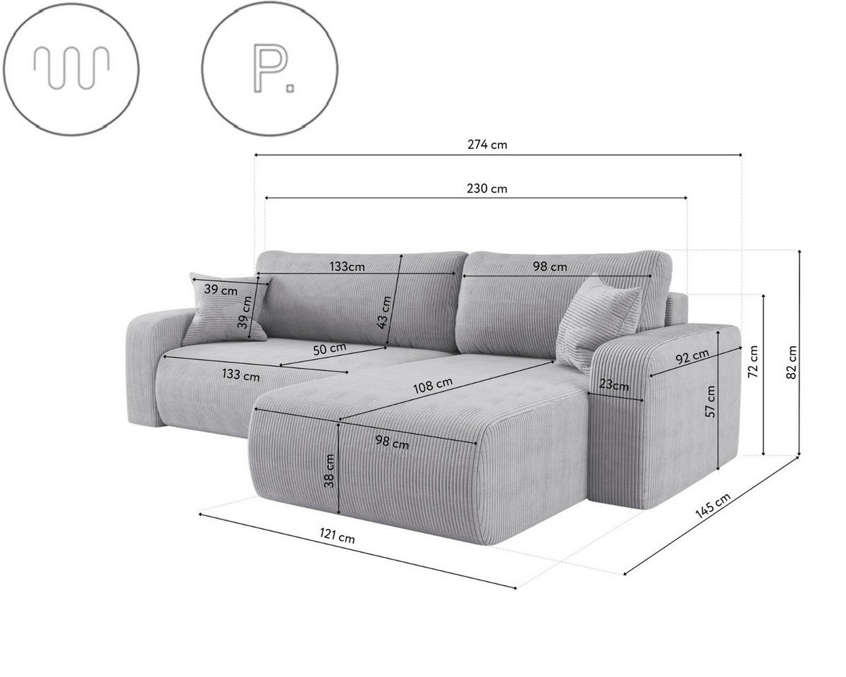 SCHLAFSOFA MILANO XL und bettkasten stoff Poso Dicker Cord Grau Rechts - Grau, Holz (274/82/145cm) - Kaiser Möbel