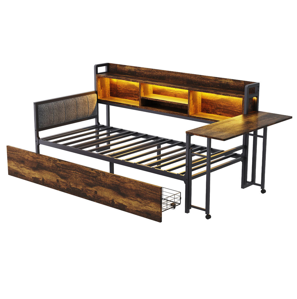 BETT 90/200 cm mit Schreibtisch, LED-Beleuchtung und Stauraum in Holzfarben - Naturfarben, Metall (90/200cm) - Flora Grace