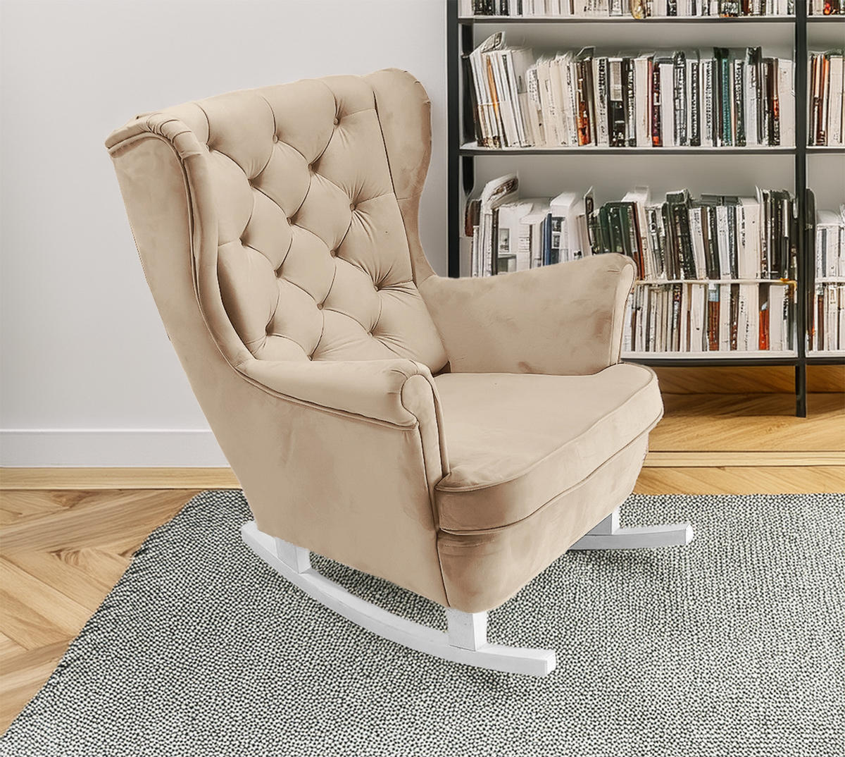 SCHAUKELSESSEL mit gepolstertem Sitz und Armlehnen, 102x81x95 cm, Cappuccino_29812 - Ecru/Weiß, Holz/Textil (81/102/95cm) - DomoHome