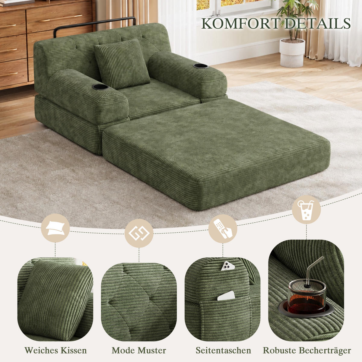 ROZKLÁDACÍ KŘESLO Zelené z manšestru s držáky nápojů - zelená barva, textil (107/81/80cm) - Urban Meuble