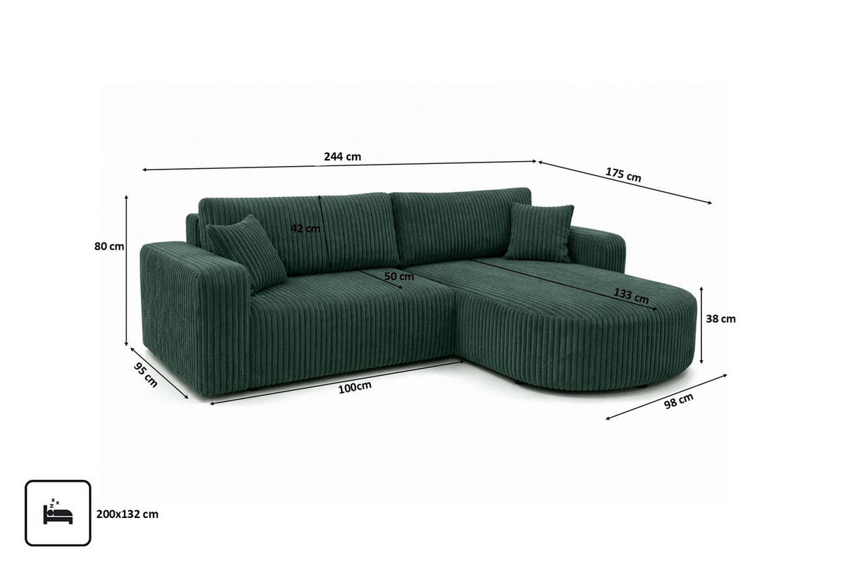 ECKSOFA Mit Schlaffunktion, Cordstoff Tilia, Grün, Rechts, ROUND ONE - Grün, Holz (244/175cm) - Kaiser Möbel