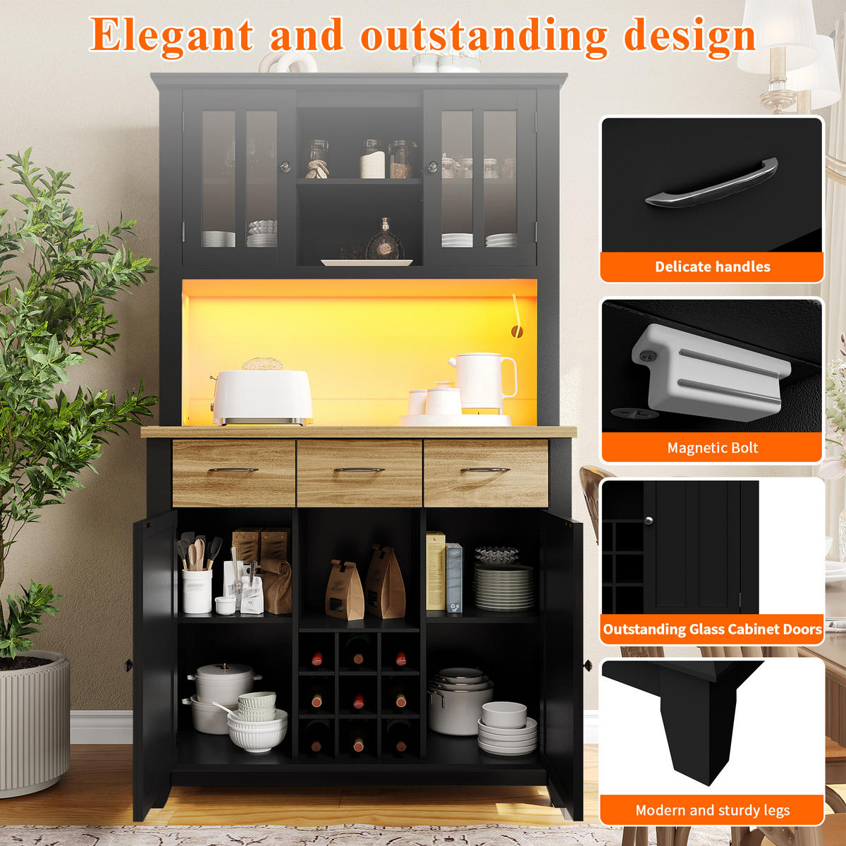 KÜCHENBUFFET mit LED-Beleuchtung, Glaselementen und verstellbaren Einlegeböden, 106 x 40 x 179,5 cm, Schwarz, MDF - Schwarz, Holzwerkstoff (106/179.5/40cm) - SONNENH