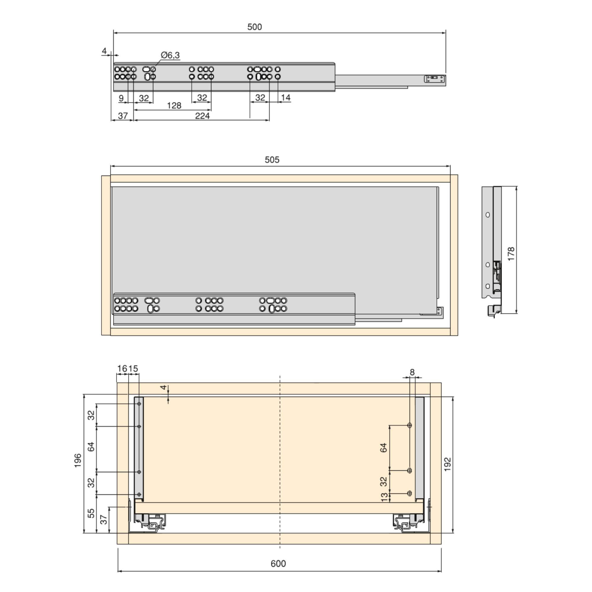 SCHUBLADEGARNITUR Vertex für Küche oder Badezimmer, Höhe 178 mm, mit Einlegeböden, Modul 600 mm, Weiß lackiert - Weiß, Metall (1.5/18/50cm) - EMUCA