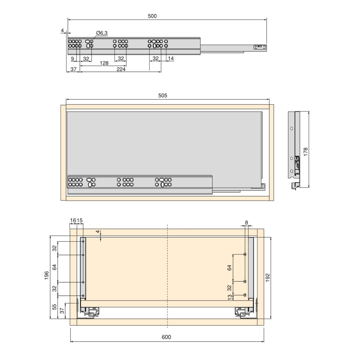 SCHUBLADEGARNITUR Vertex für Küche oder Badezimmer, Höhe 178 mm, mit Einlegeböden, Modul 600 mm, Weiß lackiert - Weiß, Metall (1.5/18/50cm) - EMUCA