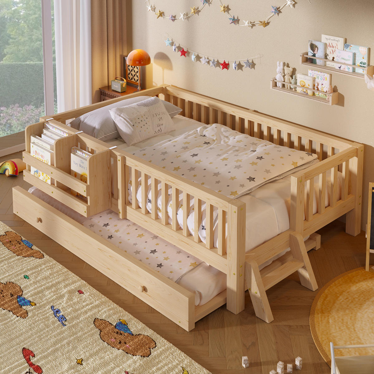 KINDERBETT 90/200 cm in Natur mit Ausziehbett und Regal Massivholz Skandi-Design - Naturfarben, Holzwerkstoff (90/200cm) - STILVORA