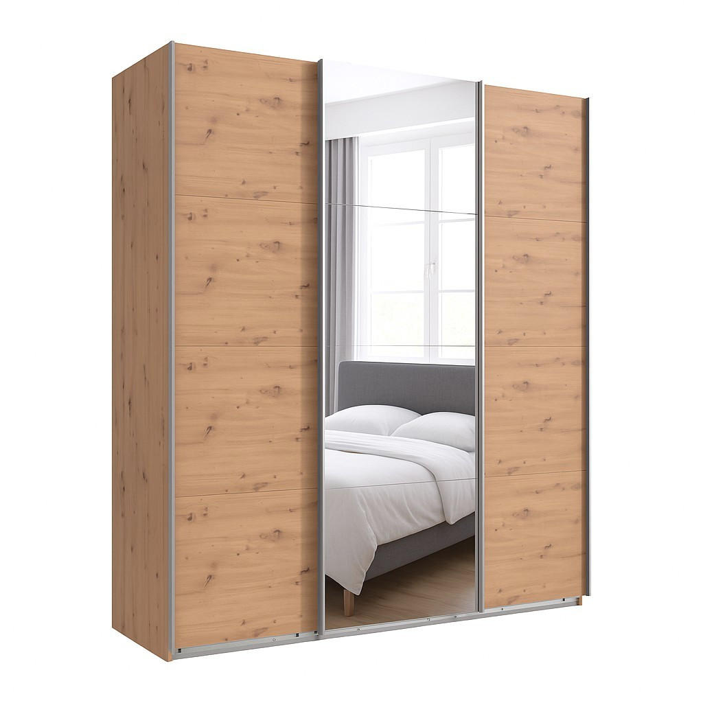 SCHWEBETÜRENSCHRANK 3-türig in Eichendekor, eine Tür mit Spiegel, B180/H208/T64 cm / 22513 - Eichefarben/Alufarben, Holzwerkstoff/Metall (180/208/64cm) - luma-home