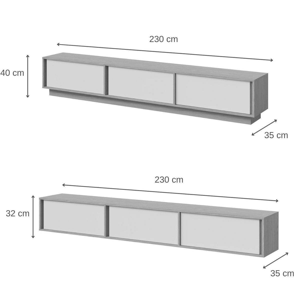 TV STOLEK Vero se 3 dvířky, závěsný nebo stojící, 230 cm, jarní dub + Macadamia - kašmírová/barva dubu, kompozitní dřevo (230/40/35cm) - Beautysofa