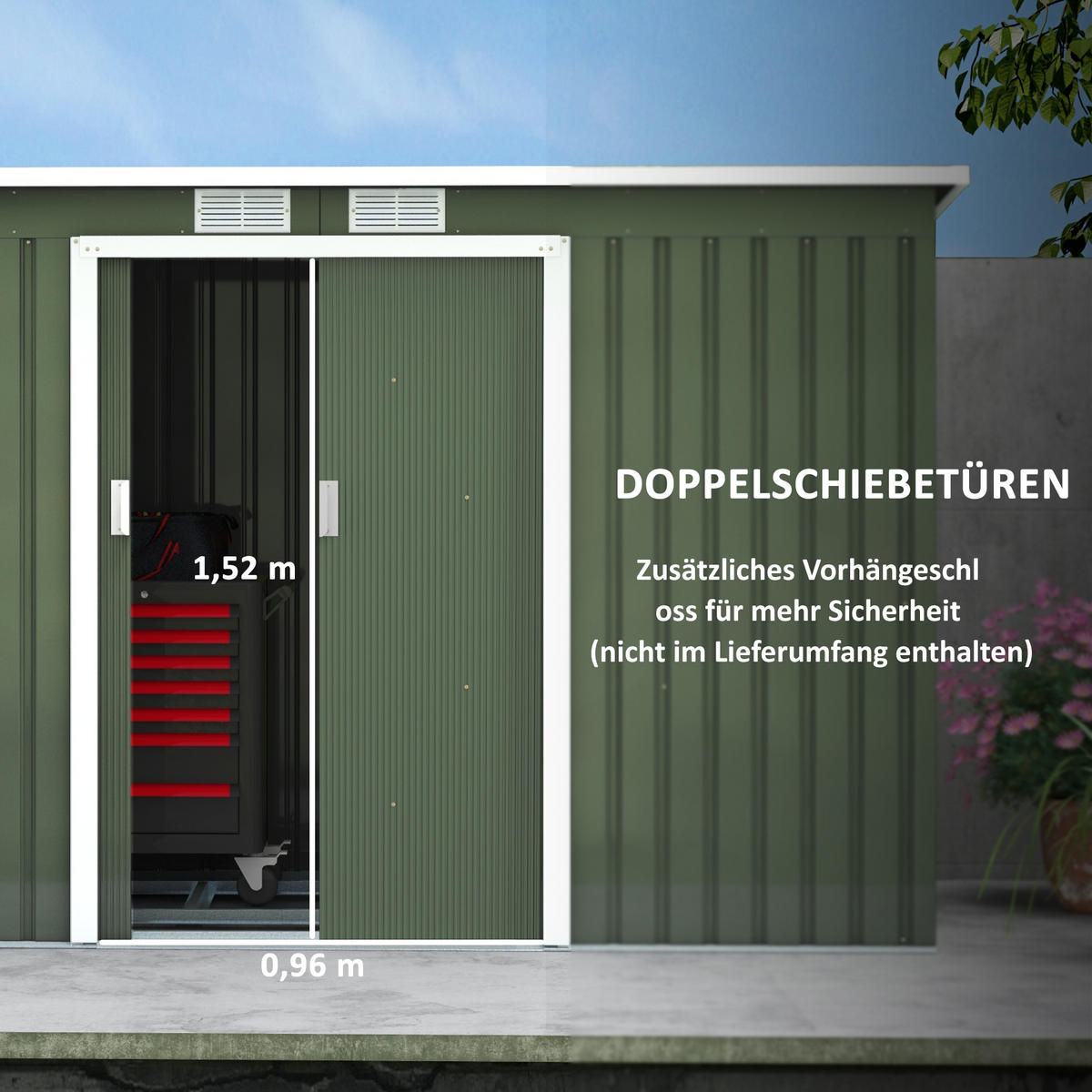 GERÄTEHAUS 280/130/172 cm Hellgrün mit Schiebetür und Lüftungsfenster - Hellgrün, Metall (130/172/280cm) - Oxeza