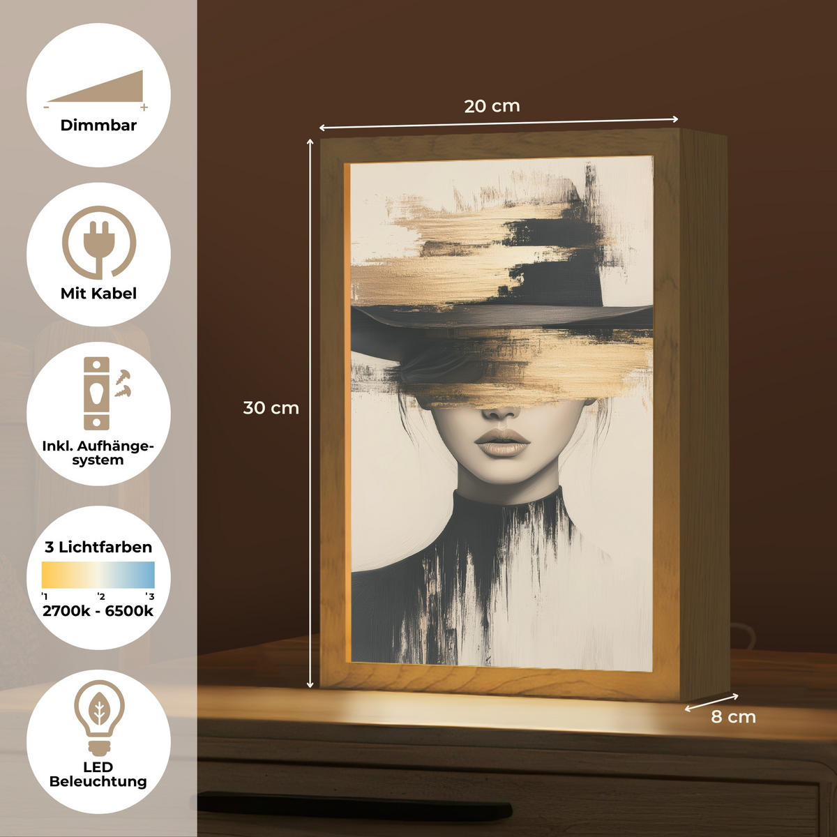 NÁSTĚNNÁ LAMPA Žena - klobouk - barva 20x30 cm - krémová, kompozitní dřevo (20/30/8cm) - OnlyWow