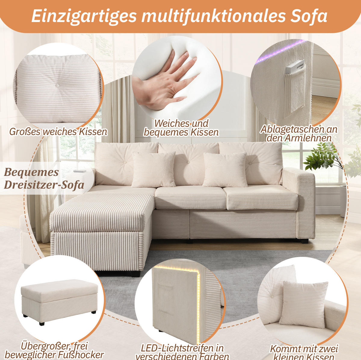 ECKSOFA 184/182,5/85,5 cm beige aus Cordstoff mit LED-Beleuchtung und flexiblem Hocker - Beige, Kunststoff (84.5/184cm) - OKWISH