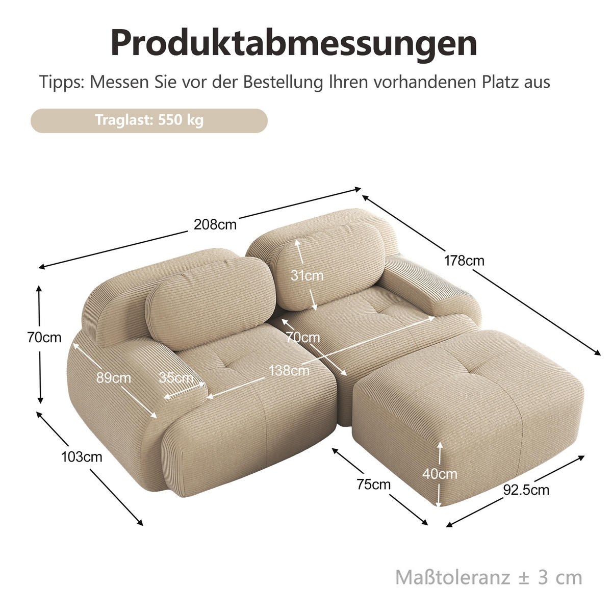 ECKSOFA DE-34025 modular mit gebogenen Armlehnen Beige - Beige, Textil (178/208cm) - ComfortXL
