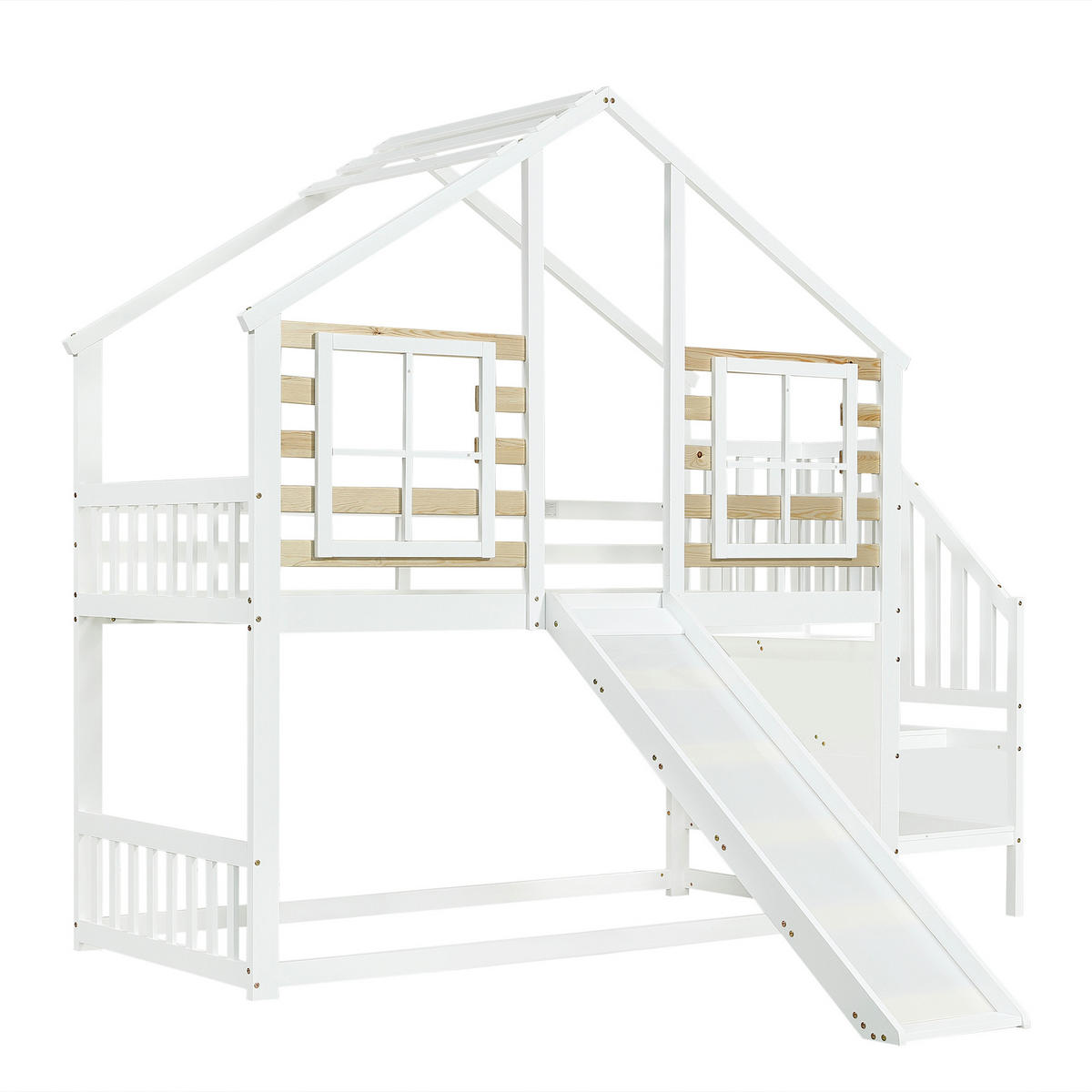 ETAGENBETT mit Rutsche und Treppe 90x200 cm Massivholz Weiß/Natur - Weiß, Holz (90/200cm) - Meubliv