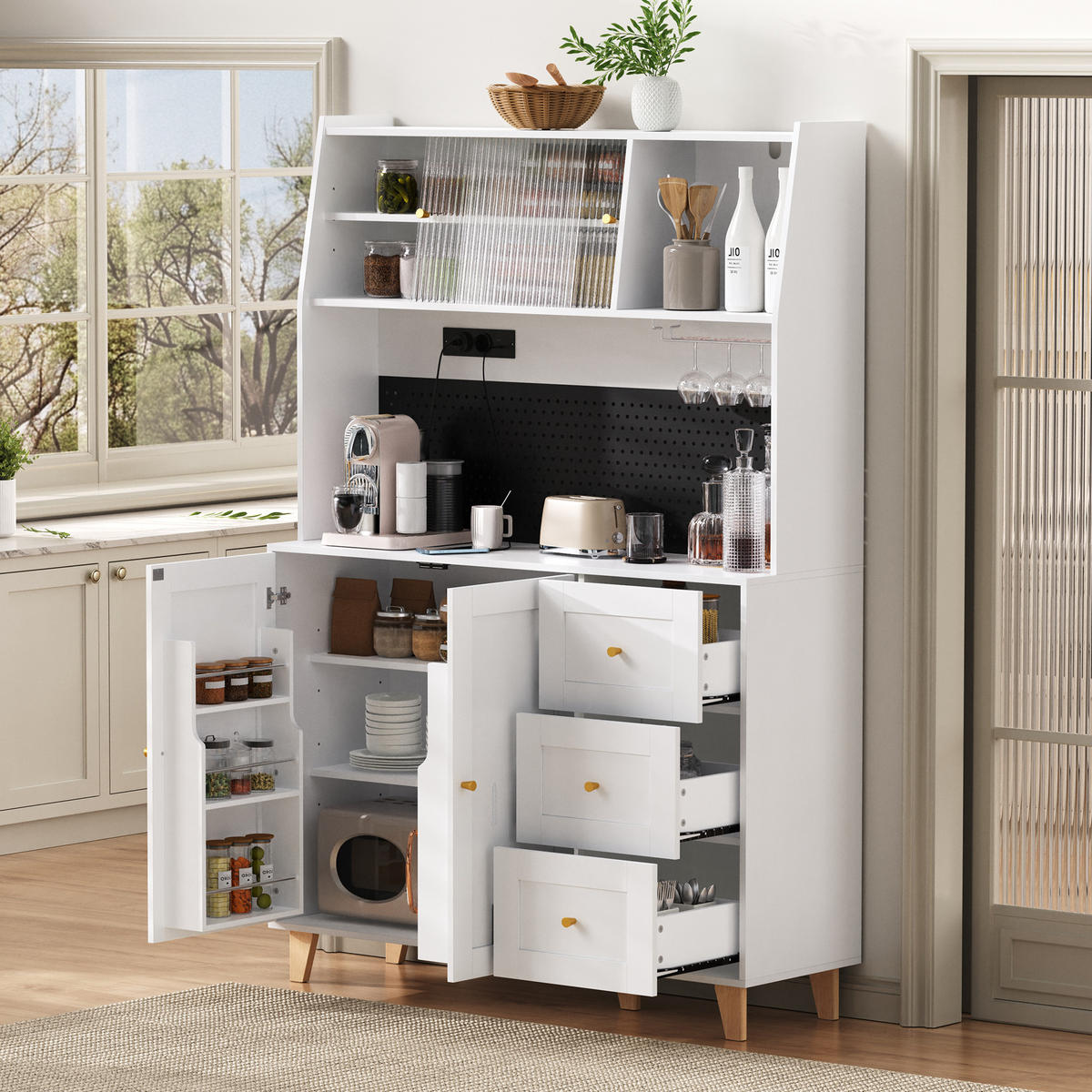 BUFFET 120/40/184 cm weiß aus MDF mit Steckdosen und Lochplatte - Weiß, Holzwerkstoff (120/184/40cm) - OKWISH