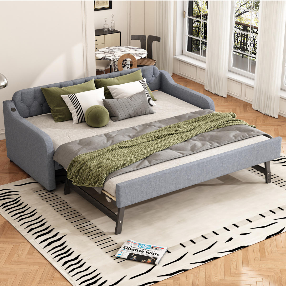ČALOUNĚNÁ postel 90/200 cm šedá, s výsuvným lůžkem a USB portem, lněný potah - šedá, textil (90/200cm) - BEAOK