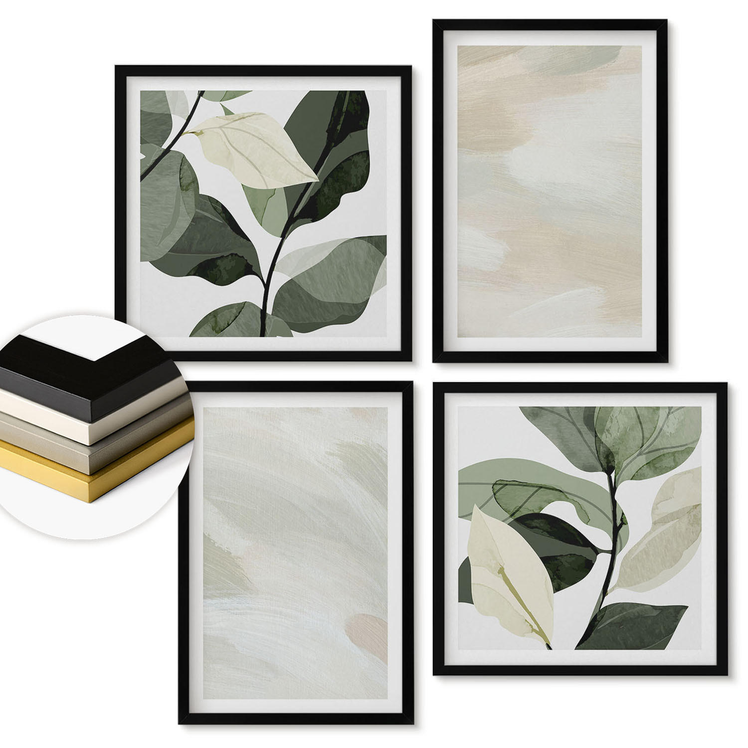 WANDBILDER 4er-Set - 50x50 cm & 40x60 cm Schwarzer Rahmen - Leuchtende, abstrakte Boho-Farben - Schwarz, Kunststoff (50/50cm) - ArtPrintCave