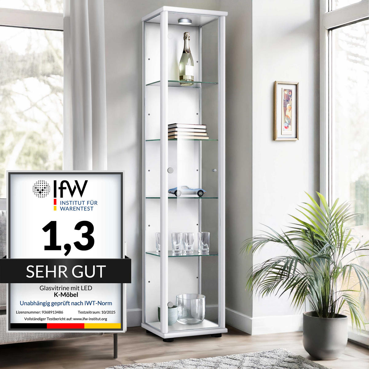 GLASVITRINE 33/37/176 cm mit LED & 4 höhenverstellbaren Glasböden - Transparent/Silberfarben, Glas/Holzwerkstoff (37/176/33cm) - K-Möbel