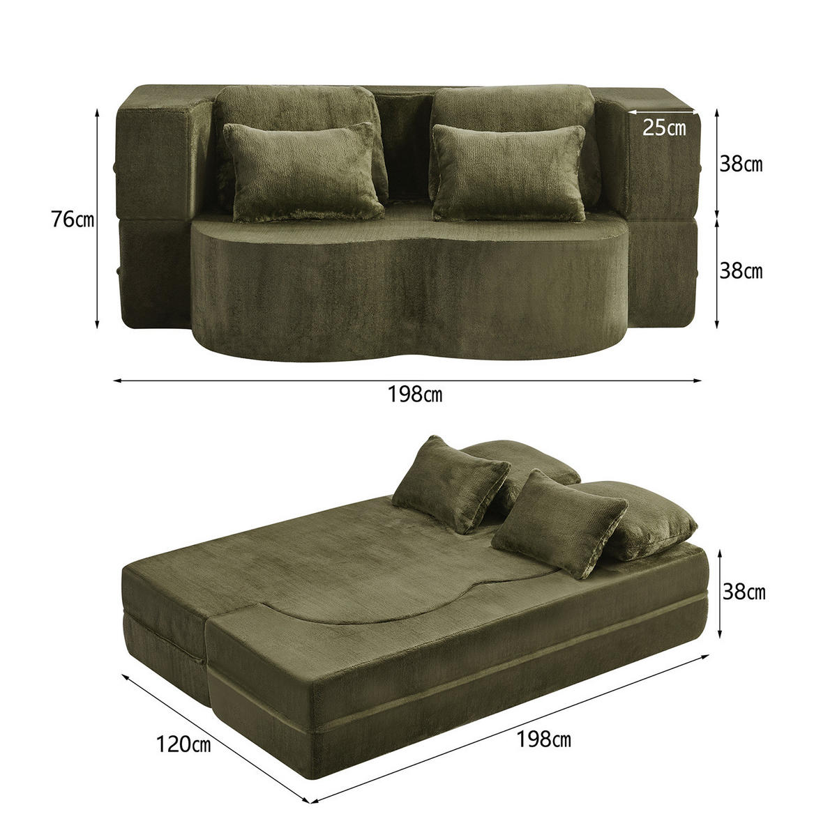 SCHLAFSOFA aus Schaumstoff und Federkern Grün 2-in-1 mit 4 Kissen und klappbarer Liegefunktion - Grün, Kunststoff (198/76/60cm) - Modfu