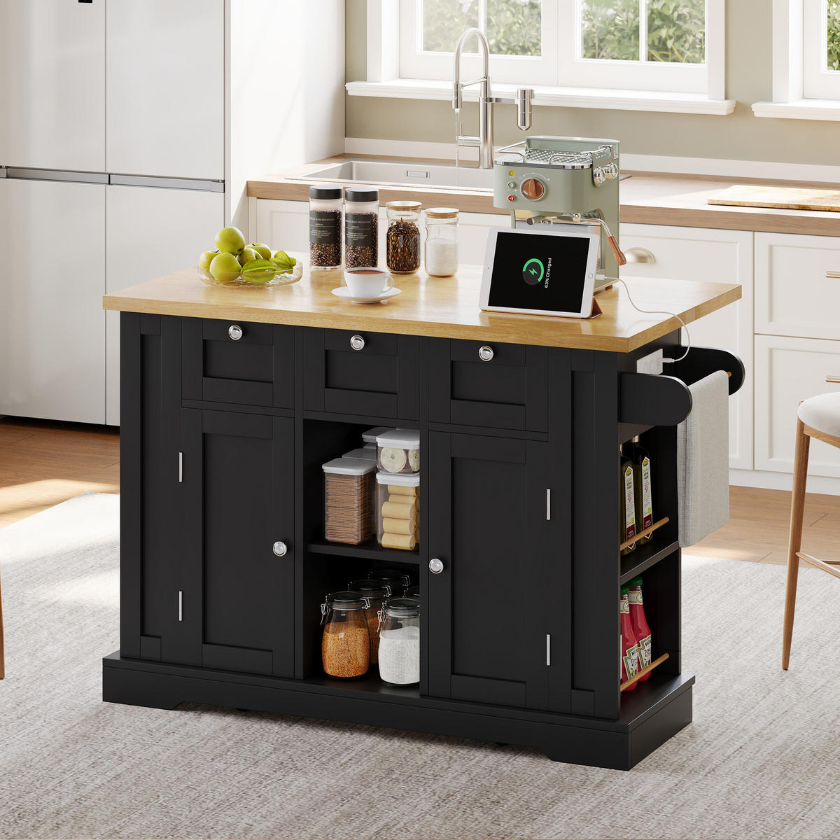 KÜCHENINSEL Mobile ausziehbar Steckdosen USB 120 cm Holz Metall Stauraum - Schwarz, Holzwerkstoff (132/87/70cm) - EVRYAE