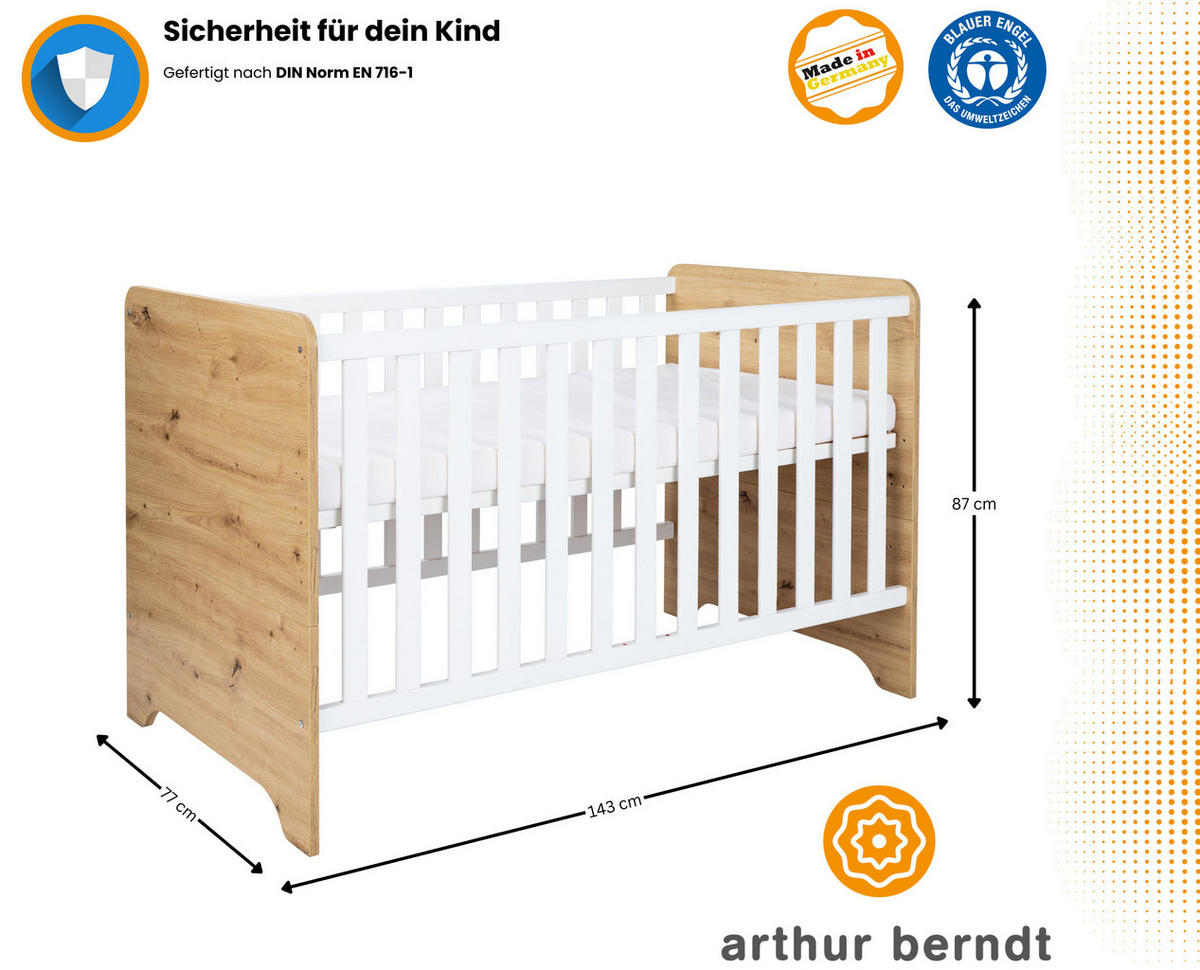BABYBETT Marlon 70 x 140 cm Artisan Oak Kreideweiß - Weiß/Eiche Artisan, Holzwerkstoff (70/140cm) - arthur berndt