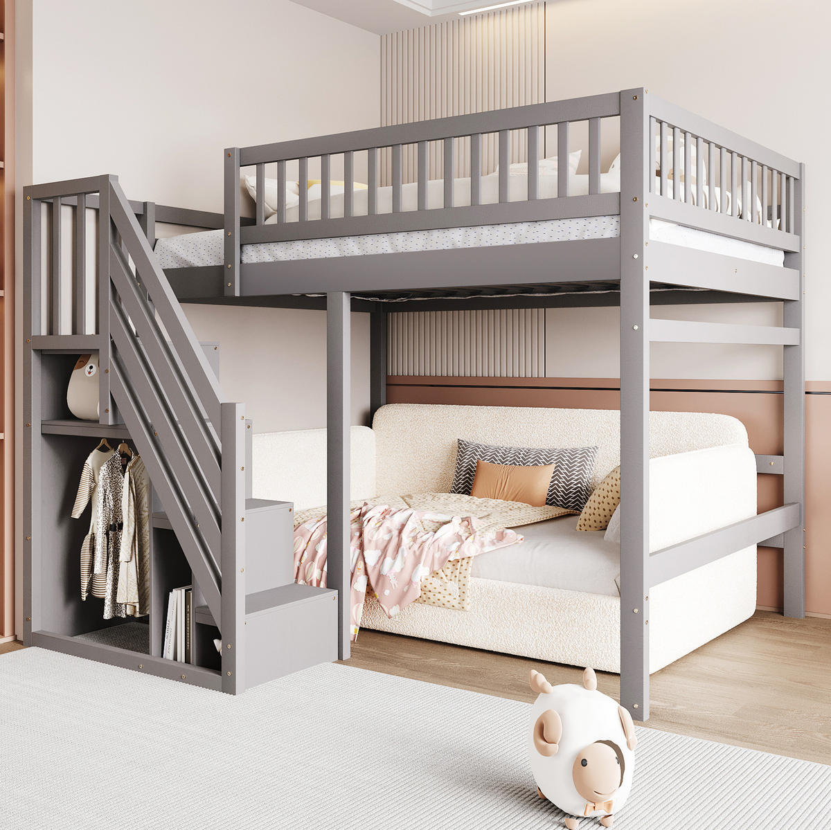 HOCHBETT 140/200 cm Grau aus Holz mit Aufbewahrungstreppe - Grau, Holzwerkstoff (140/200cm) - OKMYHOME