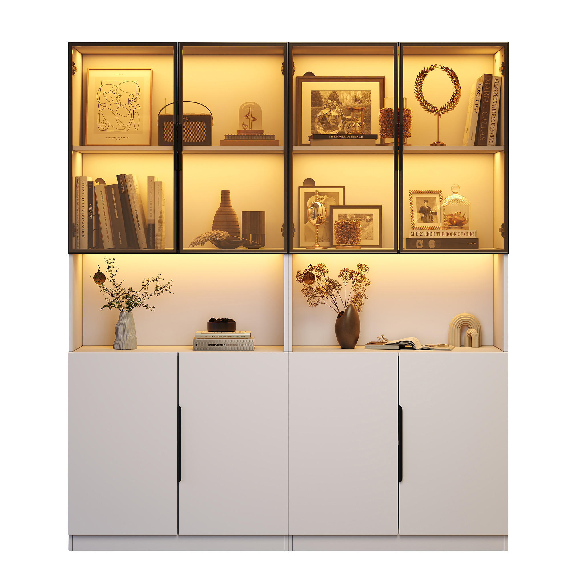 VITRINE LED Glastüren Bücherregal 200cm Weiß - Weiß, Holzwerkstoff (160/200/30cm) - FLIEKS