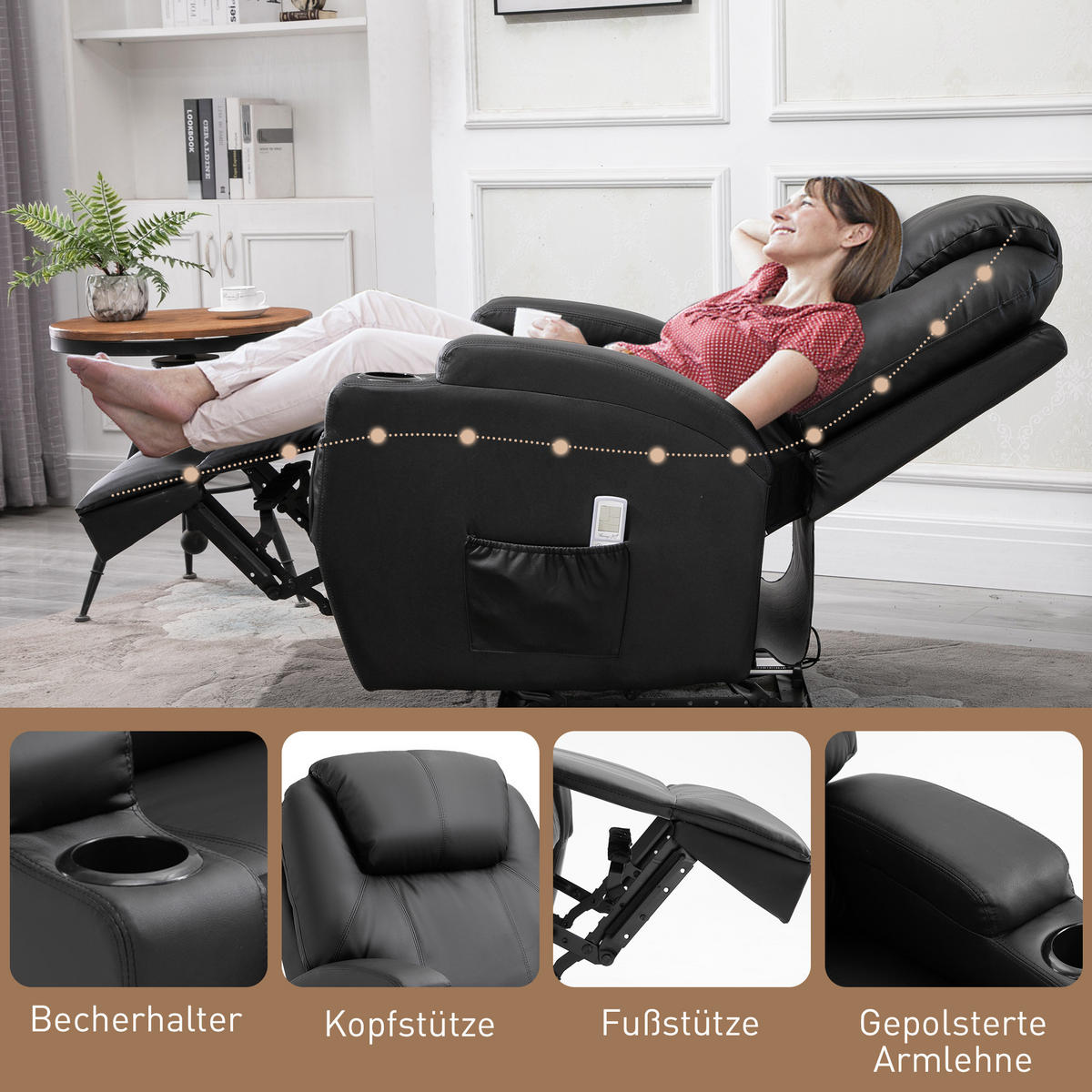 MASSAGESESSEL elektrisch Relaxsessel Fernsehsessel Liegefunktion Schwarz - Schwarz, Leder (97/110/82cm) - HOMCOM